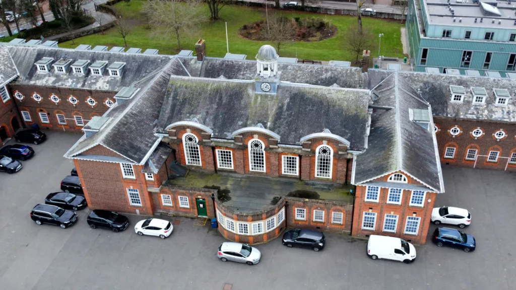 Aerial photo of an old school building