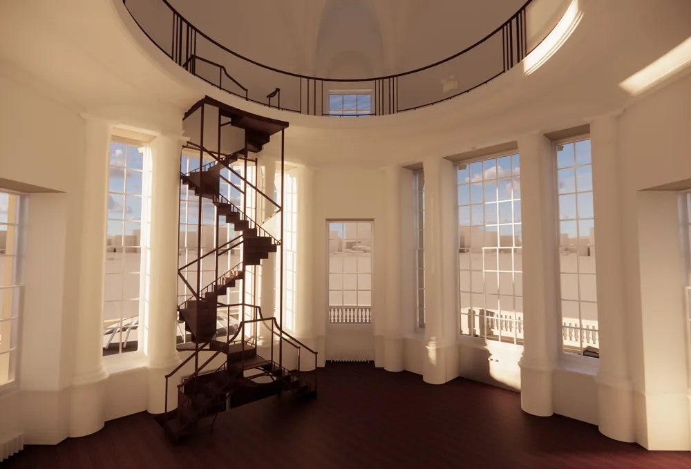 BIM 3D render of a large internal circular room with an extravagant staircase