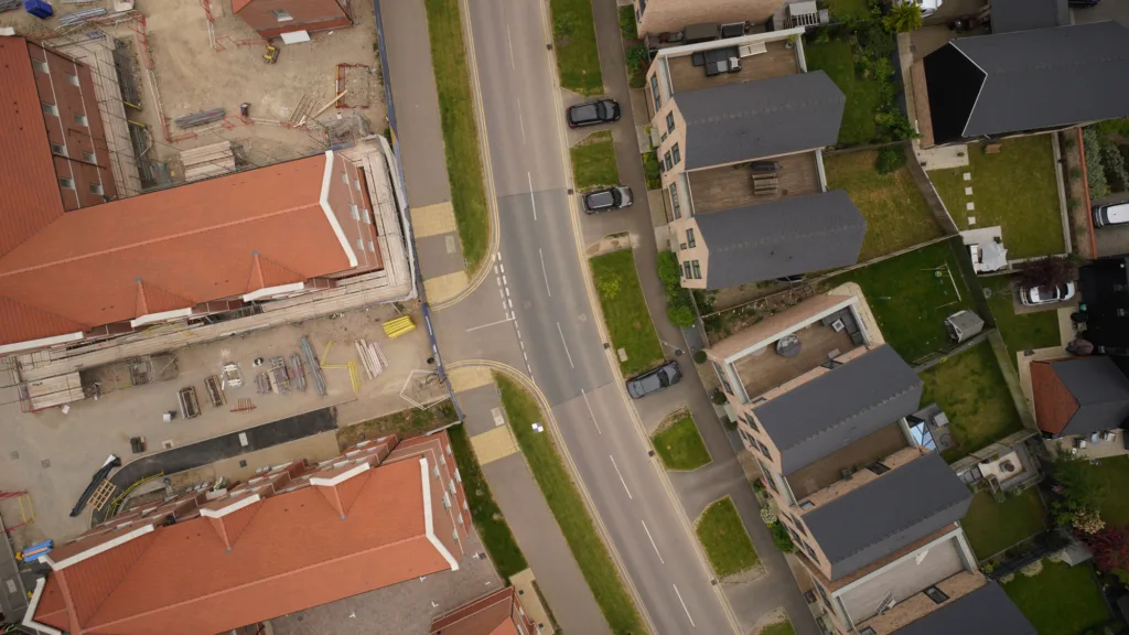 Aerial photo of a housing estate, half the homes are being built